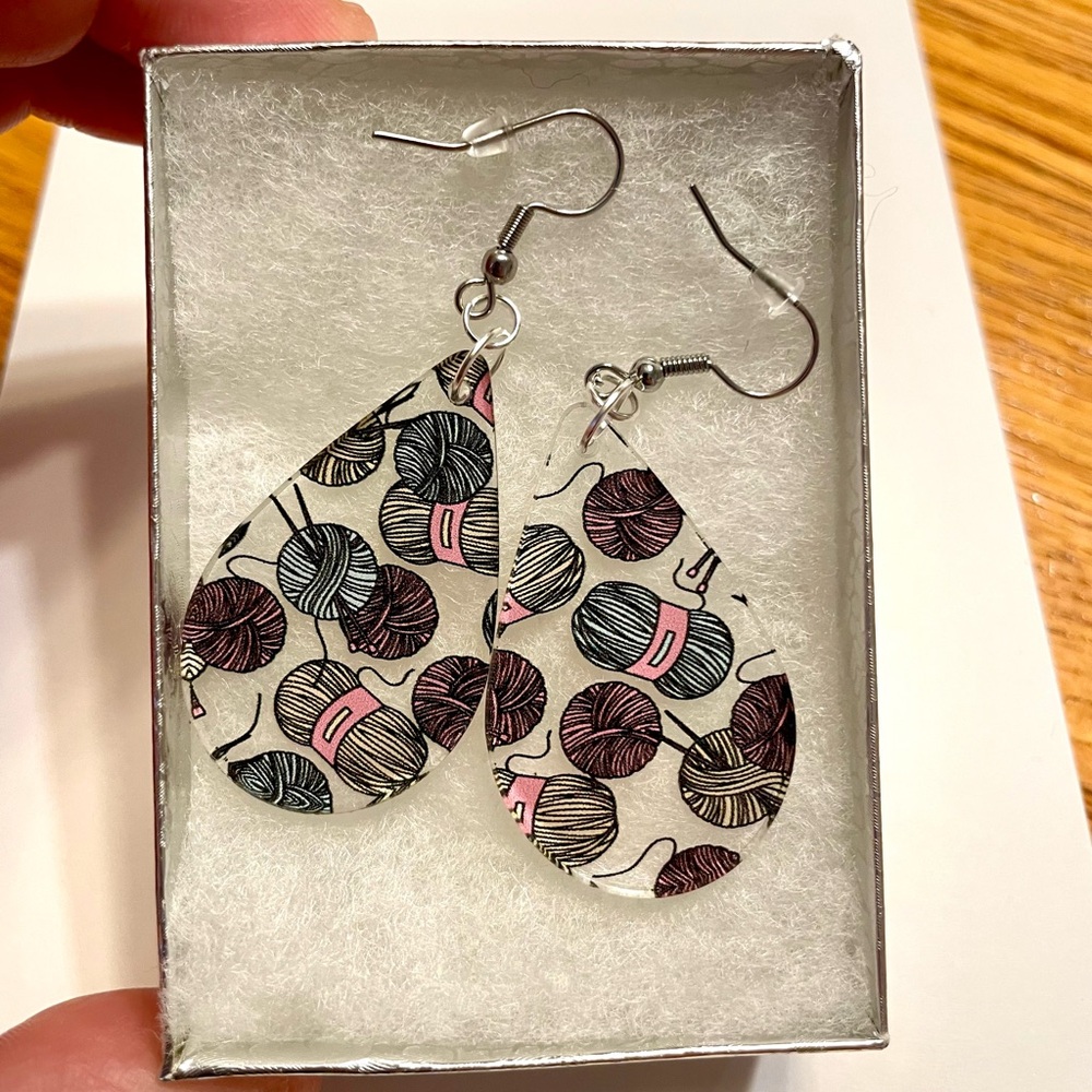 Yarn Themed Teardrop Acrylic Earrings NWOT Perfect for the Knitter in Your Life